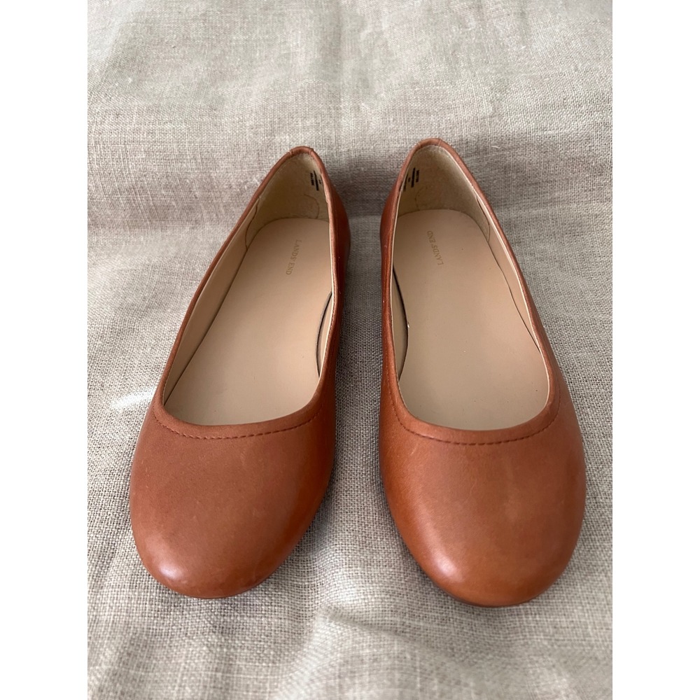 Lands' End Women's size 5 1/2 Cognac Brown Leather Ballet Flats Round Toe EUC